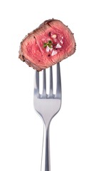 Grilled steak slice on fork