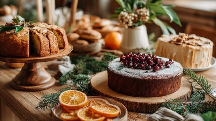 Fototapeta premium Assorted festive cakes and pastries on rustic holiday wooden table setting. Holiday dessert celebration concept