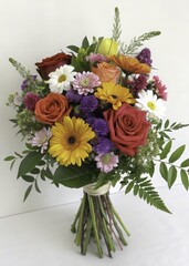 Beautifully arranged autumnal flower bouquet with roses gerbera daisies and greenery