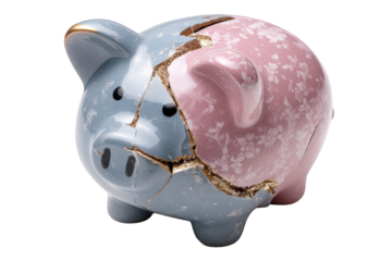 Broken piggy bank, split in half, displaying financial woes