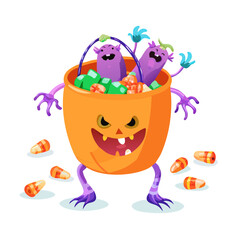Naklejka premium Running candy bucket monster Halloween vector illustration