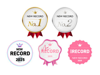 リボン付き受賞メダルのイラストセット | 金銀・マゼンタ・ピンク