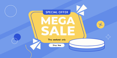 Design a modern 3D promotional banner for a 'MEGA SALE' and 'SPECIAL OFFER'. Use a vibrant blue background with smooth gradients and lighting effects. Include bold white text for 'SPECIAL OFFER' and b