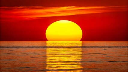 Obraz premium Bright golden sunset over calm ocean with vibrant red sky 