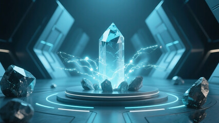 Crystal stones and futuristic geometric structures emitting subtle energy particles, as if activating or catalyzing something. Image composition for advertising