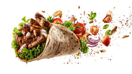 Turkish Kebab yufka with flying ingredients isolated on a white background