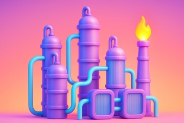 Abstract stylized industrial factory with colorful pipes and tanks against vibrant gradient background in playful, futuristic art style.. Ai generative