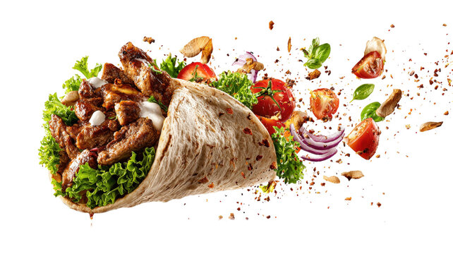Turkish Kebab yufka with flying ingredients isolated on a white background