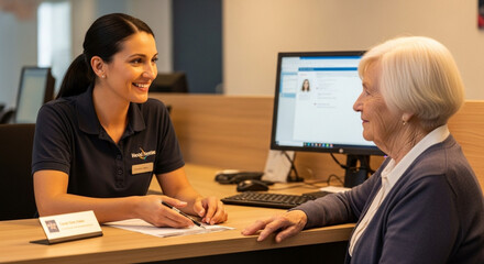 A friendly female employee assists an elderly woman at a reception desk with a computer and paperwork.