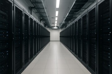 Modern data center interior with symmetrical server racks and overhead cable trays under bright ceiling light in a high-tech industry background. Ai generative