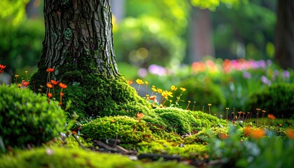 Enchanting forest floor with a moss-covered tree base and tiny colorful wildflowers.