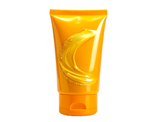 A vibrant orange squeeze tube of skincare product features a glossy, crescent moon-shaped design