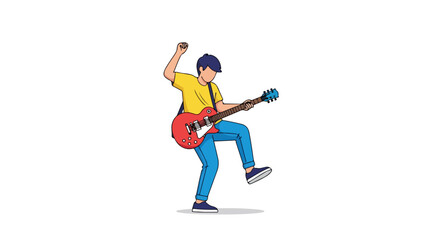 Passionate guitarist enthusiastically playing an electric guitar with energetic youthful vitality and exuberant stage presence showcasing animated