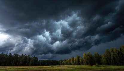 Storm clouds gather over a field and forest