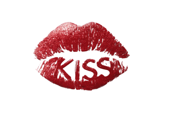 Red lips kissing, showing word "KISS