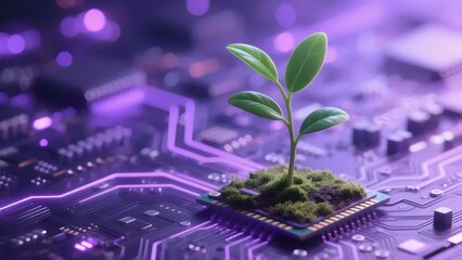 Green Sprout Growing on Purple Circuit Board