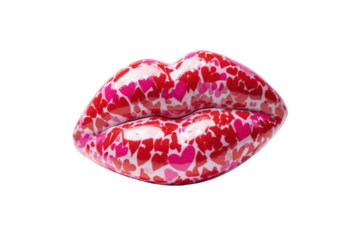 Close-up of stylized lips, glossy finish, adorned with hearts