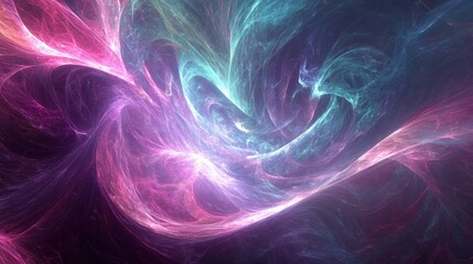 A surreal abstract background with flowing neon trails, light curves, and soft gradients of purple, pink, and teal, creating a dreamy and fluid scene