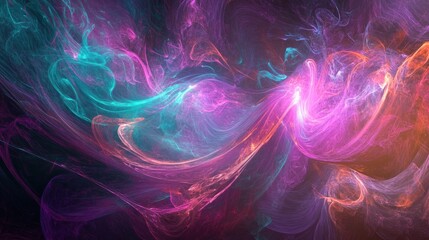 A surreal abstract background with flowing neon trails, light curves, and soft gradients of purple, pink, and teal, creating a dreamy and fluid scene