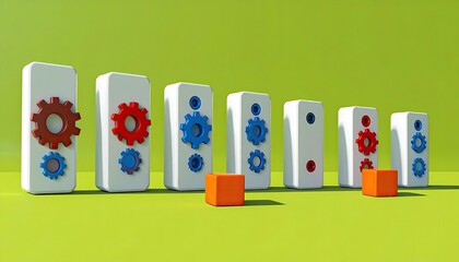 Abstract 3D render: White blocks with red and blue gears, orange cubes, descending on green.