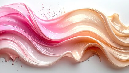 Flowing wave of glossy pink and peach cosmetic cream with splashing droplets.