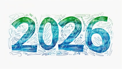 Abstract teal and green sketched digits '2026' surrounded by chaotic scribbles on a white background, suggesting a new year design