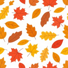 Autumnal nature backdrop featuring a repeating pattern of colorful maple and oak leaves, a flat vector illustration for seasonal design