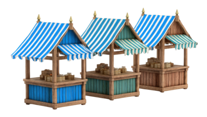 Three medieval-style market stalls