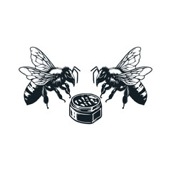 Honey bee editable vector logo. Hand drawn engraving style illustrations. Bee logo illustration