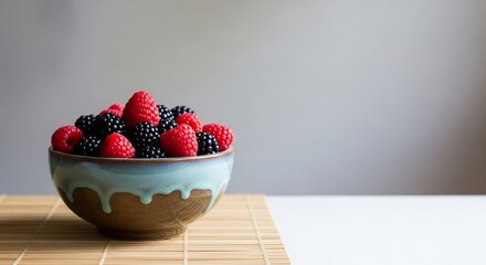 Fresh Raspberries and Blackberries in a Ceramic Bowl on Bamboo Mat