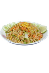 Delicious vegetarian fried rice with egg, garnished with crisp cucumber and bright lime. Flavorful wholesome dish, satisfying culinary experience, truly appetizing meal