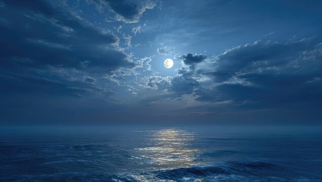 Moonlight over a misty ocean