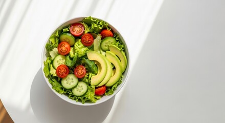 Fresh Salad Bowl with Avocado, Tomato, and Cucumber on White Background