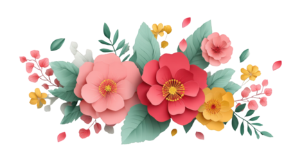 A decorative floral arrangement. A horizontal display of various flowers, leaves, and petals in soft, vibrant colors, arranged in a stylized, 3D effect, suggesting a paper craft or digital design