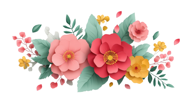 A decorative floral arrangement. A horizontal display of various flowers, leaves, and petals in soft, vibrant colors, arranged in a stylized, 3D effect, suggesting a paper craft or digital design