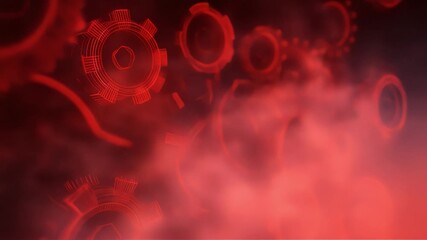 Abstract red background showing a complex mechanism of glowing wireframe gears and cogs moving through a dense fog, representing industrial processes, engineering, or steampunk technology
