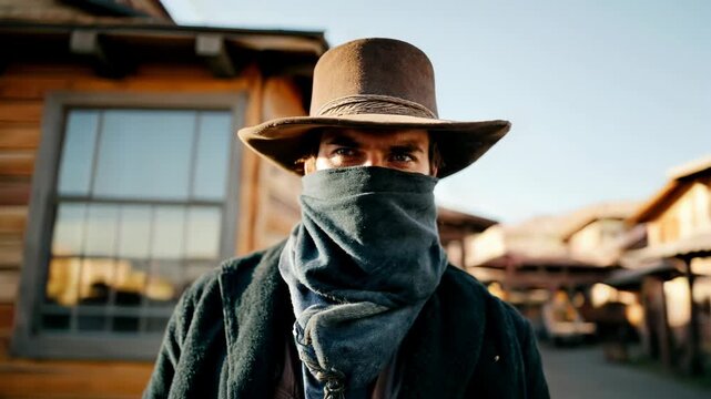 Masked cowboy in classic western mood, gritty ranch mystery with porch backdrop and frontier Americana, ideal for genre thumbnails.
