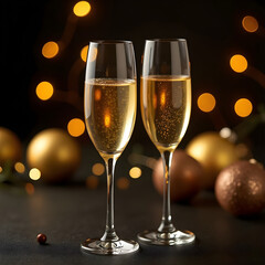 Two champagne flutes filled with bubbly champagne celebrating with festive holiday lights and ornaments