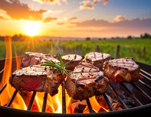 Grilled steaks at sunset over a field