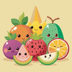 Cute and Colorful Cartoon Fruits with Smiling Faces in a Group