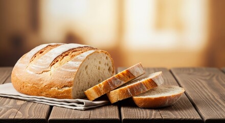 Freshly Baked Artisan Bread Loaf with Sliced Pieces on Rustic Wooden Table