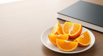 Freshly Sliced Oranges on a Plate, Beside a Book, Soft Lighting