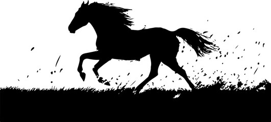 illustration of a black horse running in grass