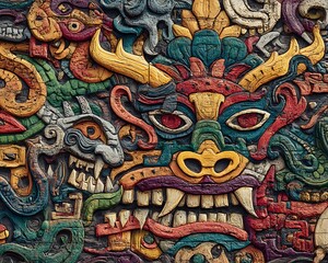 Obraz premium Bold graffiti wall art merging African symbols with Asian dragons