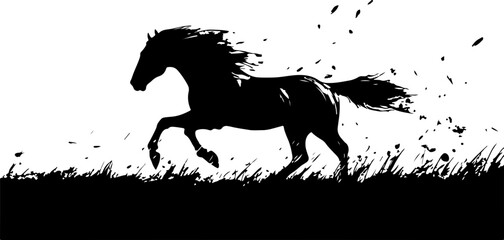 illustration of a black horse running in grass