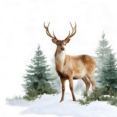 Obraz premium Majestic deer stag standing in a snowy pine forest