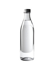 Clear glass bottle with a silver cap, partially filled with clear liquid, featuring a white label with subtle markings