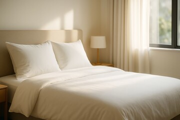 Cozy minimalist bedroom interior with soft sunlight, white bedding, and warm neutral tones creating a peaceful morning atmosphere background. Ai generative