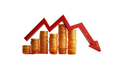 Declining financial graph with stacked coins