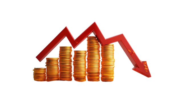 Declining financial graph with stacked coins